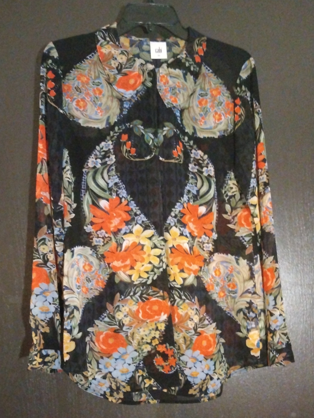 Cabi Amour Blouse Floral Button Down Blouse in Black & Orange Size Small